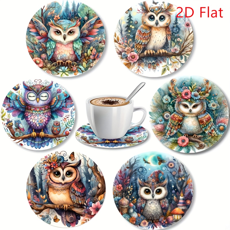 TEMU Artistic Wooden Coasters, 2d Flat Design, Mystical Little Owl Style, Set Of 6pcs. Are Non-slip, Heat-resistant, Hand Washable, Patio Tables,