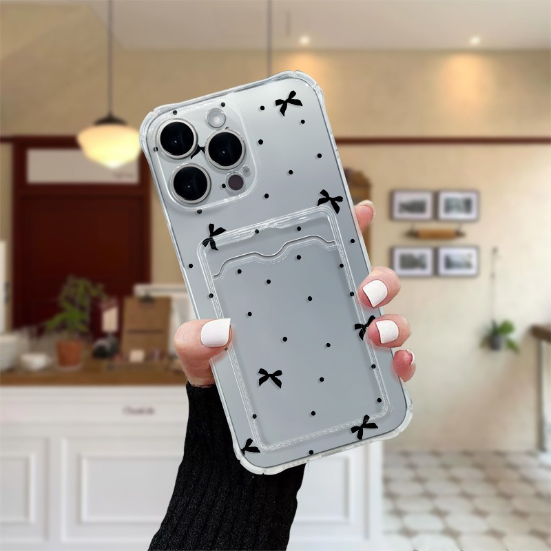 TEMU 1pc Transparent Phone Case With Black Polka Dots And A Small Bow Pattern, Suitable For Men And Women. This Credit Card Holder Phone Case Is