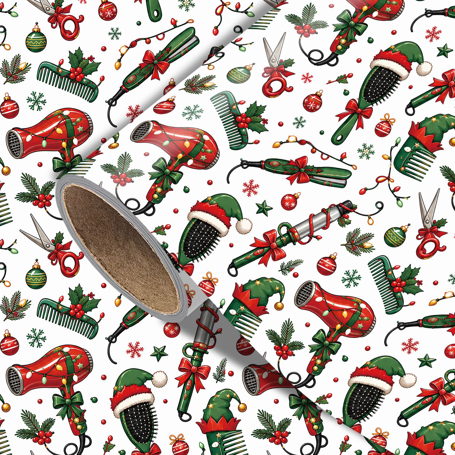 TEMU Rouleau de de Noël pour Coiffeur - 17,7 Pouces X 118 Pouces, Emballage Cadeau de Fêtes Amusant avec d'Outils de Coiffure de Noël, Sèche-cheveux,