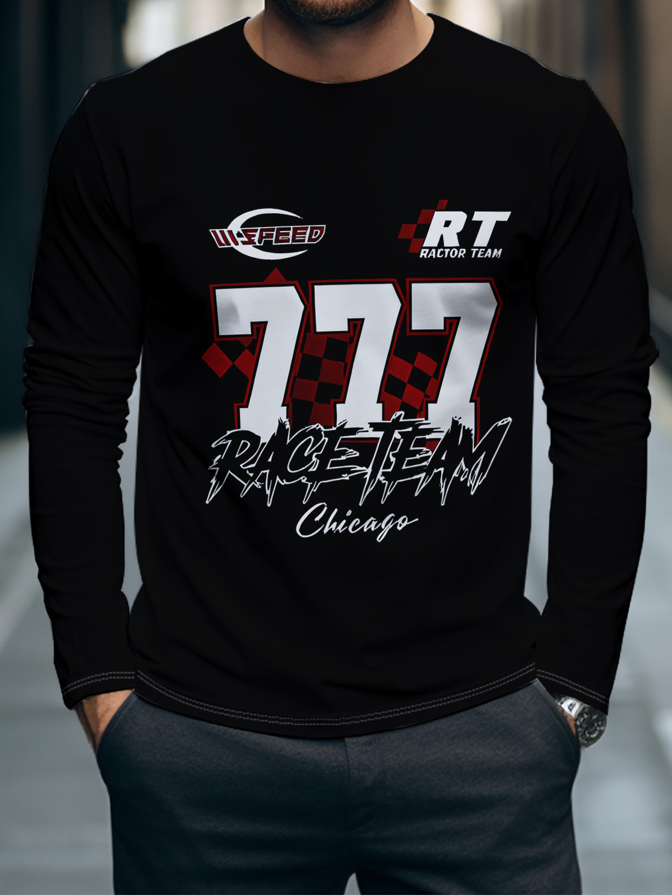 item picture mens long sleeve t shirt   team chicago racing print sports casual top made of polyester suitable for everyday wear and travel