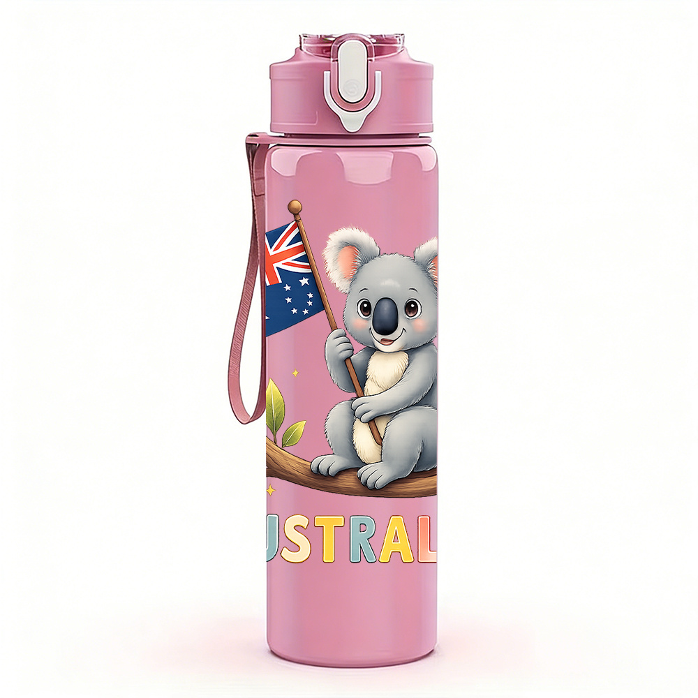 TEMU 1pc Australian Flag Koala Pattern 750ml Colorful Plastic Sports Water Bottle, Leak-proof With Pop-up Lid, Ideal For Outdoor Sports, Running,