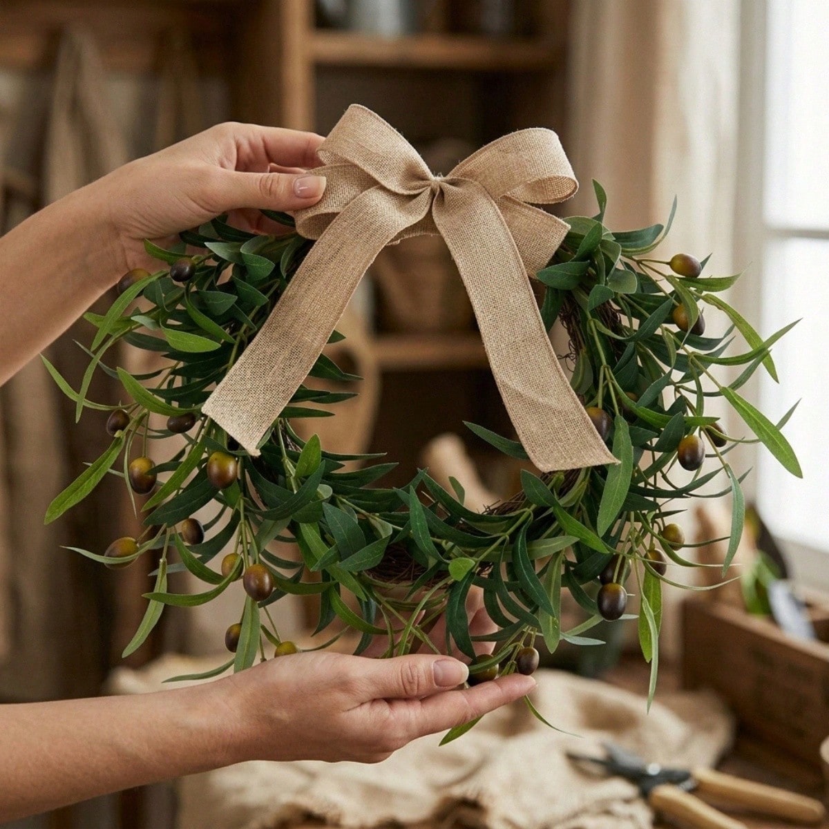 Artificial Olive Wreath Suitable For Front Door - Faux Olive Branches With Burlap Bow & Olives, Indoor/outdoor Decor, Wedding Entryway Decoration, Plastic Greenery Wreath For Mediterranean Style Homes
