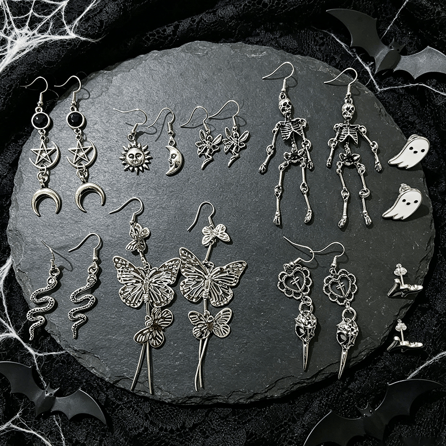 9 Pairs Gothic Halloween Dangle Earrings Set, Women's Fashion