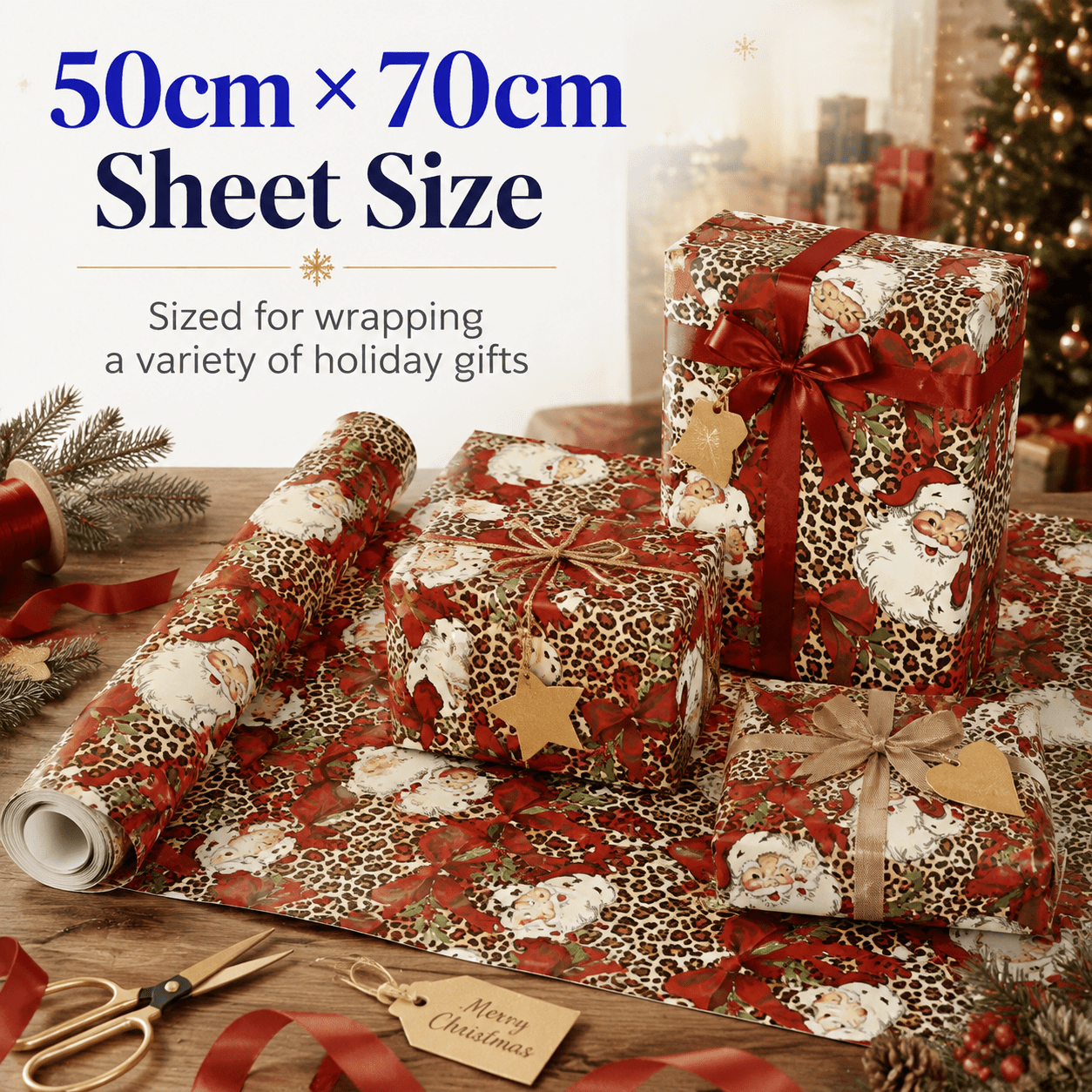 TEMU Large Retro Santa Wrapping Paper, Leopard Print Base Color With Bow And Dot Pattern, Durable Pp Material, Elegant Design, Used For Christmas
