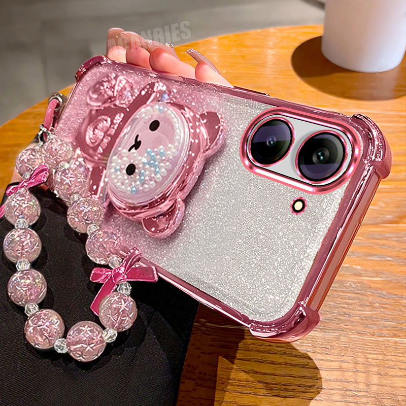 TEMU Phone Case: Redmia5 Luxury Plating Quicksand Bead Bear Folding Bracket Stand Holder Lanyard Wrist Strap Chain Gradient Glitter Shockproof Phone