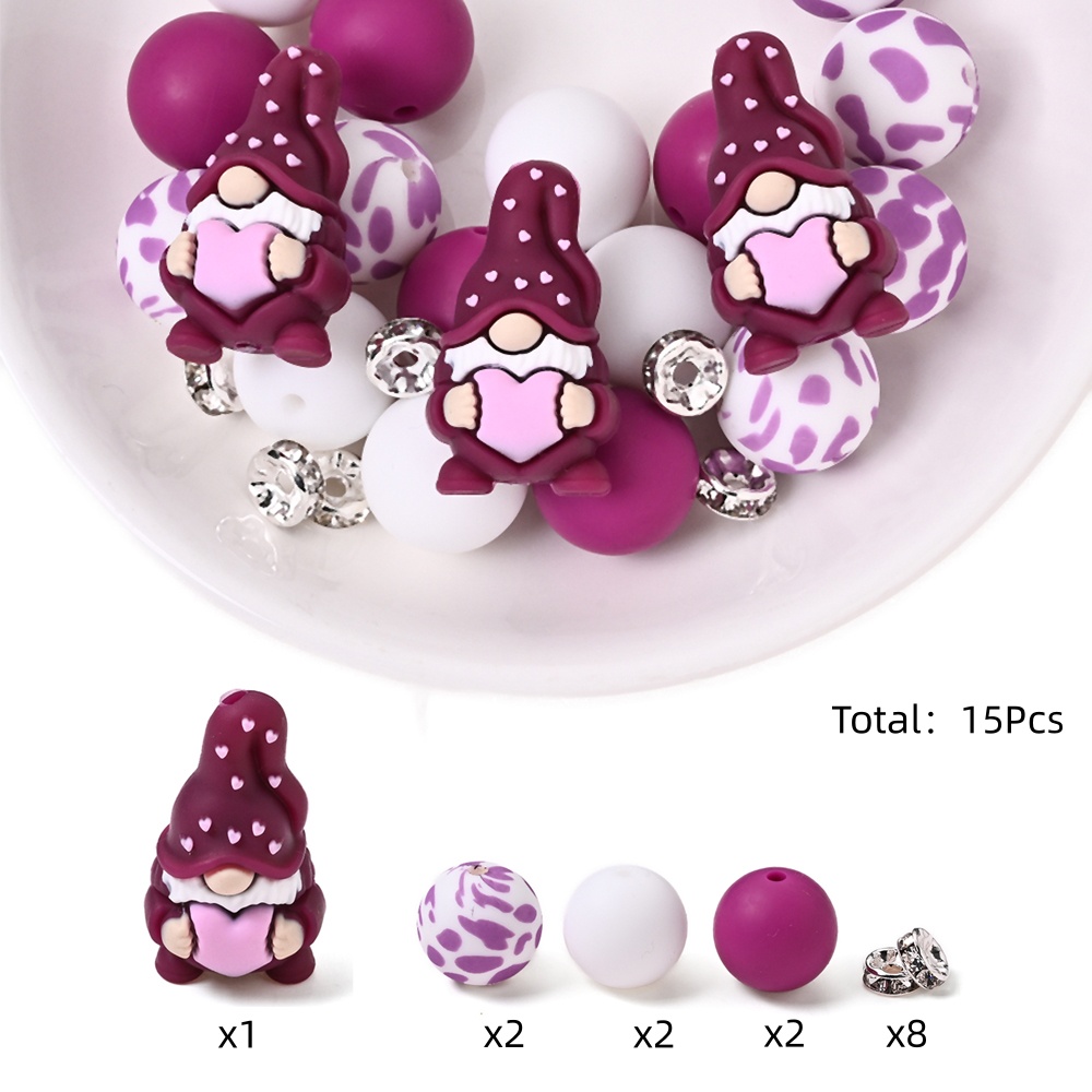 TEMU Ensemble de 15 perles en silicone, perles de nain elfe avec perles rondes imprimées, convient pour la décoration intérieure, la fabrication de