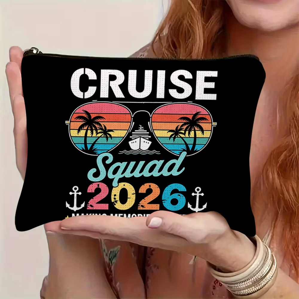 TEMU 1pc 2d Flat Cruise Squad 2026 Print Makeup Bag, Black Background With Sunset Fashion Glasses Palm Tree & Anchor Pattern, Soft Polyester Cosmetic