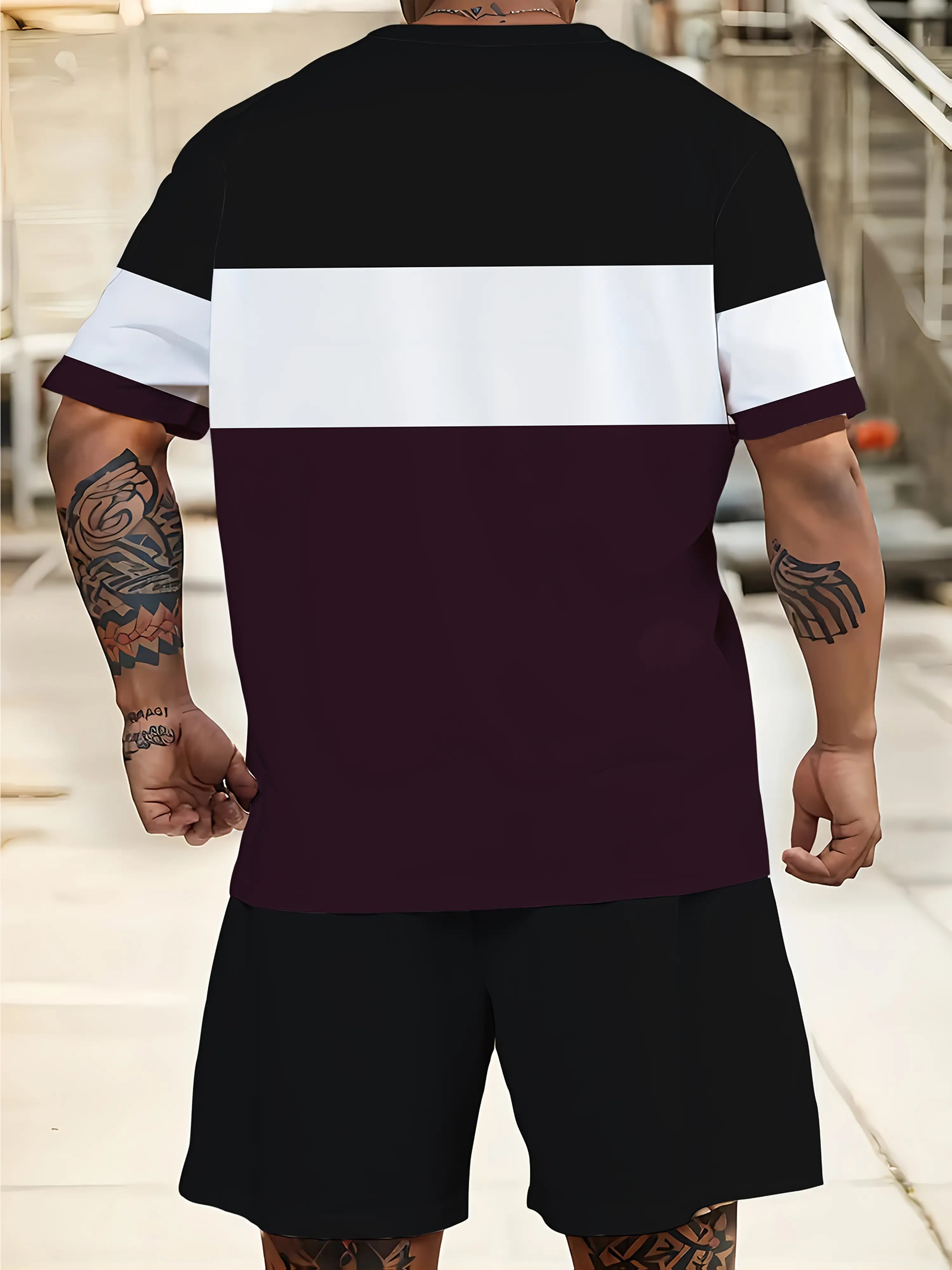 Men's Plus Size Streetwear Casual Black and Purple Plaid Short Sleeve Printed Set, Crew Neck Shorts with Pockets and Drawstring, Suitable for Daily Outdoor Casual Sportswear, Extended Sizes, PLUS SIZE