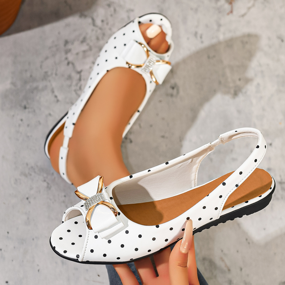 Image of Polka Dot Rhinestone Metal Bow -toe Back-strap Flat Sandals For Women Summer Commuting Soft-soled Women's Shoes, Women Shoes
