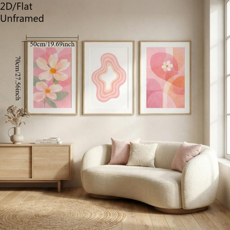 TEMU 2d Flat, 2d Flat, Set Of 3 Posters Featuring Flowers And Abstract Shapes, Perfect For Modern Bedroom Wall Decoration, Unframed