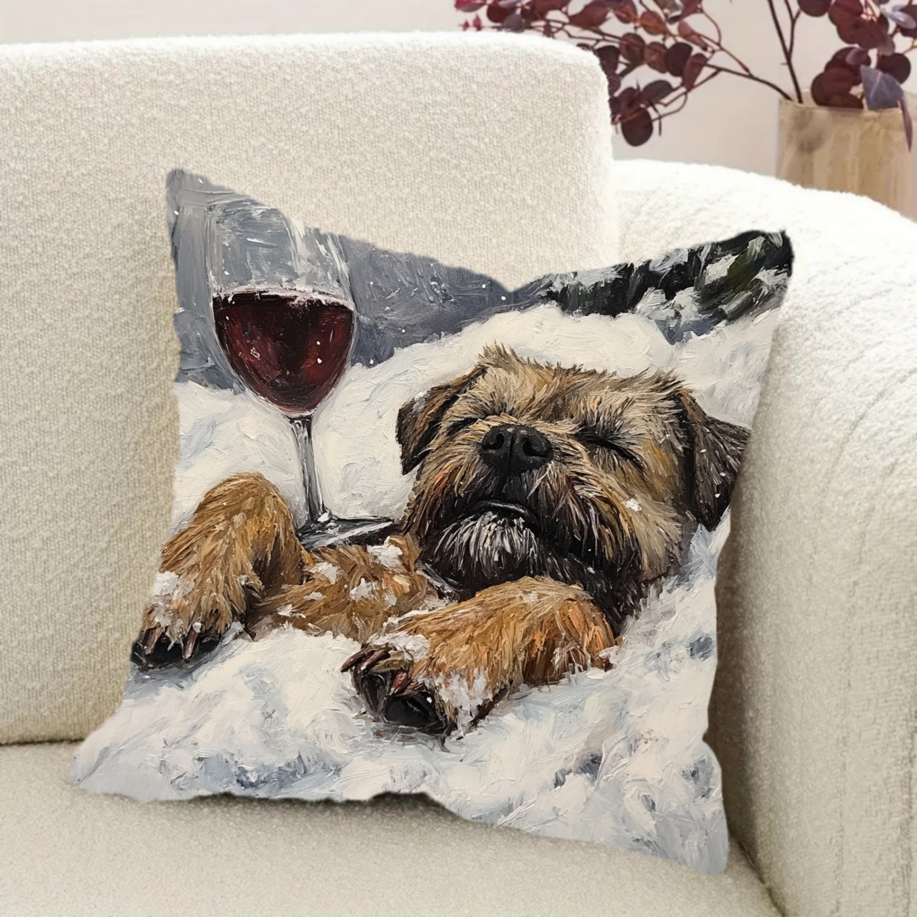 TEMU 1pc 2d Printed 45x45cm/18x18 Inch Border Terrier And Wine Snow Scene Pillowcase, Cm, Soft Short Plush With Zipper Closure- Perfect For Living