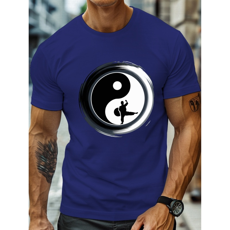 

T-shirt Yin Yang pour homme, col rond décontracté, manches courtes, tissu tricoté 100% polyester, légèrement extensible, coupe standard, t-shirt léger d'été avec motif géométrique à pinceaux - 150gsm