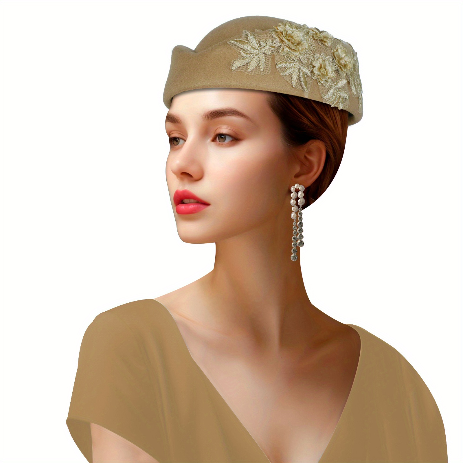 Women\'s British Felt hat Church Derby Headdress Floral Beret hat Khaki Accessories | Womens British Felt Hat Church Derby Headdress  main image 2