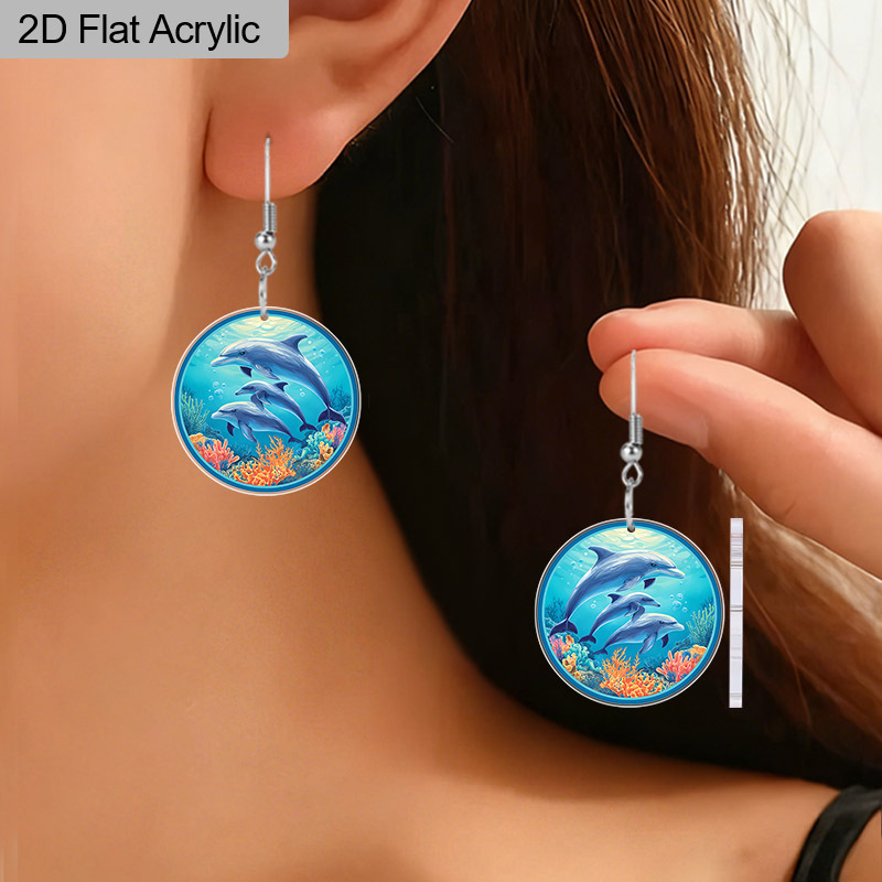 2D Flat Ocean-themed Acrylic Dolphin Pod Earrings, Perfect Vacation Accessories