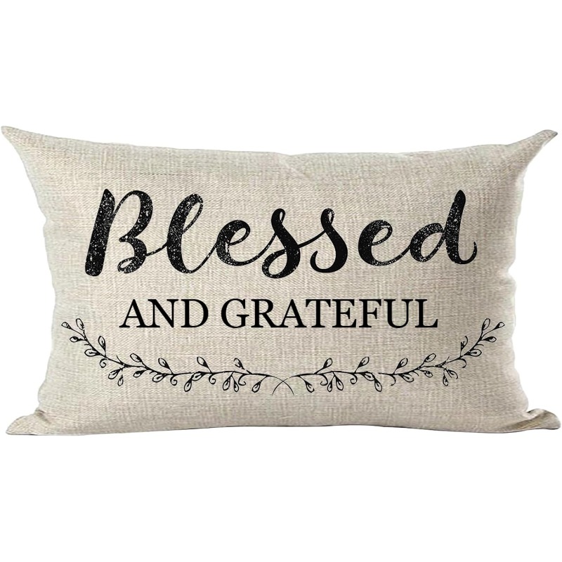 TEMU 2d Flat Printing 1pc, Home Décor Products Throw Pillow Case Black Word Art Quote Blessed And Grateful Thanksgiving Day Decorative Lumbar Throw