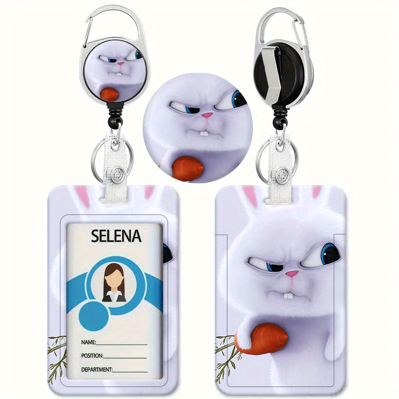 TEMU Cute Rabbit Design, , Featuring A Cartoon Carrot Print. This Printed Card Holder With A Retractable Badge Reel - Suitable For Id And Credit Card