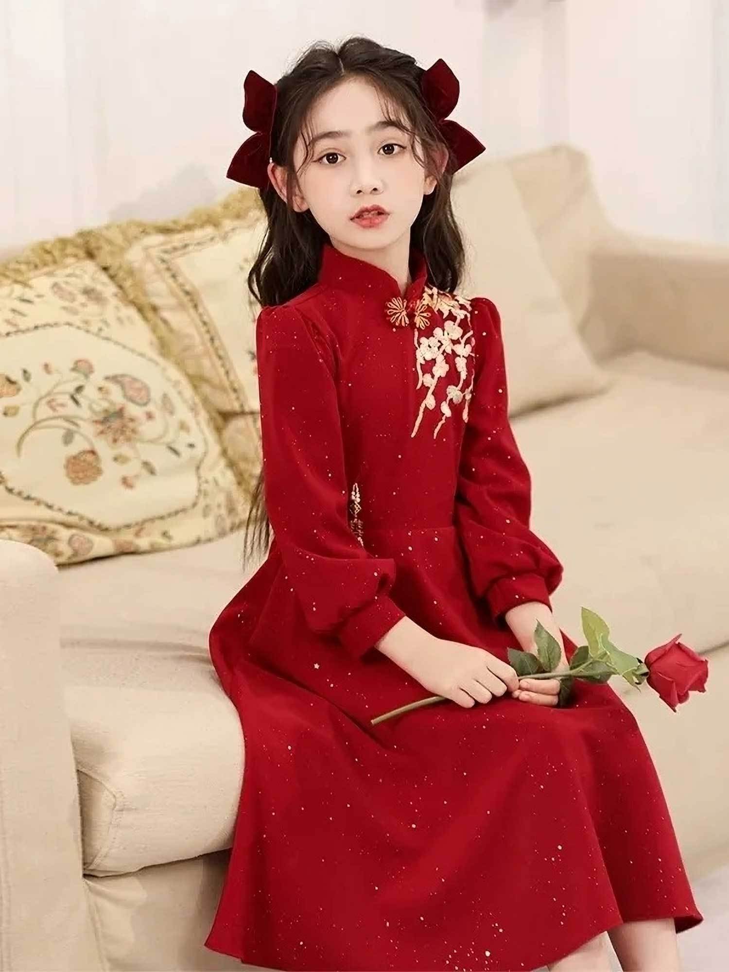 girls elegant red formal princess performance dress - long sleeve party wedding ceremony outfit with   collar,  -length formal gown for christmas, new year s, birthday - machine washable girls evening dress, holiday celebration, floral embroidery, luxurious texture,   formalwear, kids special occasion wear Product details 0