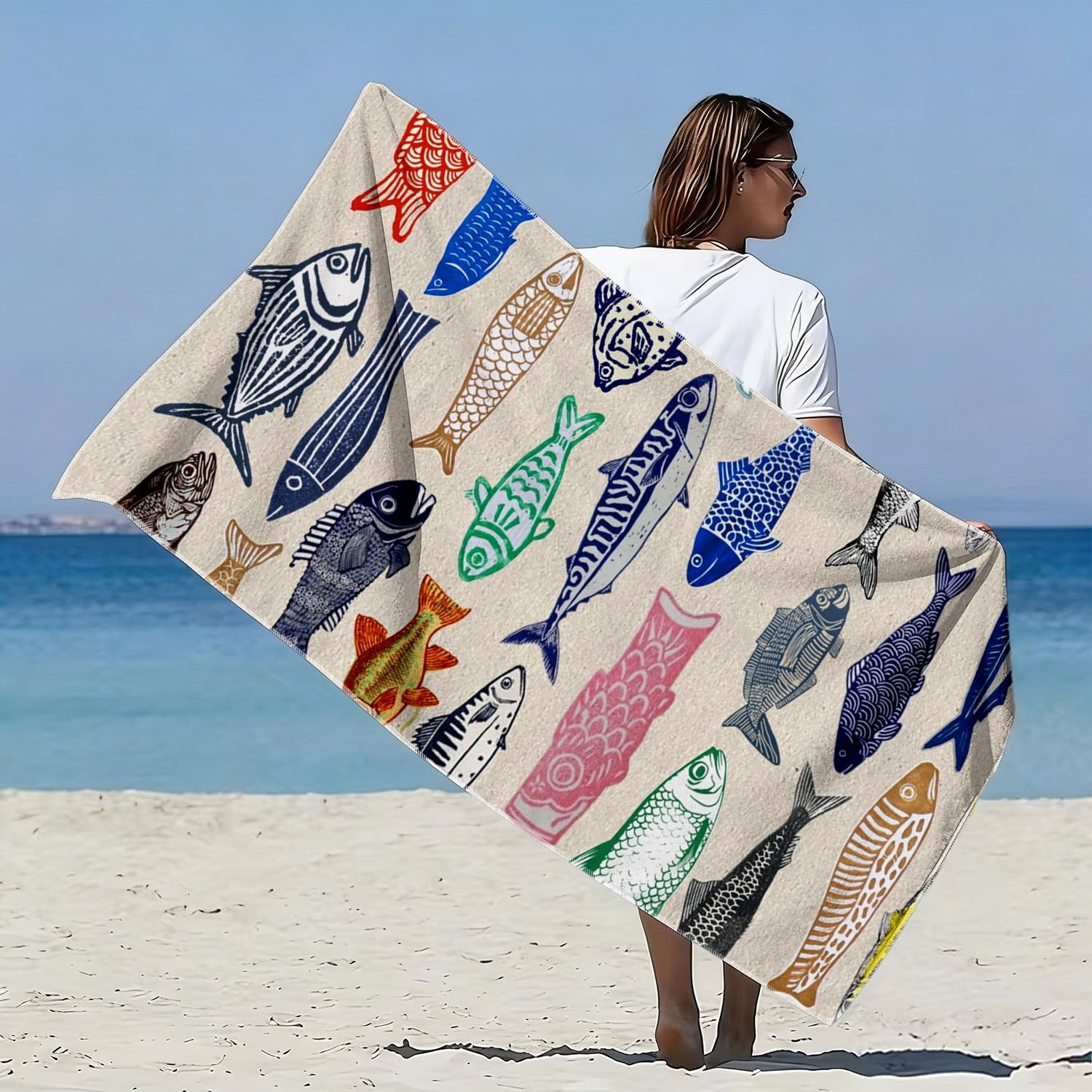 TEMU 1pc Marine Style Multi-colored Fish Pattern Soft Towel For Beach, Exquisite Fish-shaped Print Design, Microfiber Bath Towel, Quick-drying And