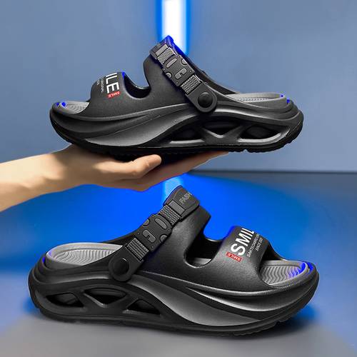 printed multi hollow out adjustable webbing two way slide sandals mecha style multi layer thick sole height increasing anti slip versatile casual slide slippers