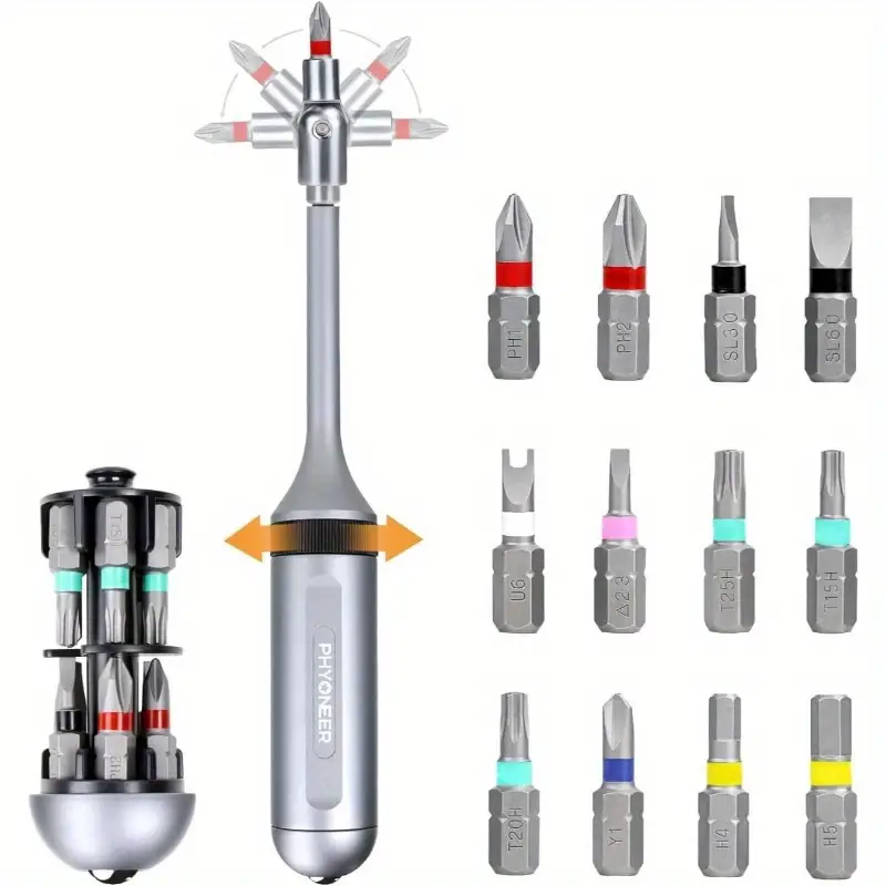 13-in-1 ratcheting screwdriver set with 12 s2 steel driver bits, magnetic storage & converter - heavy-duty aerospace aluminum handle, ratcheting mechanism for smooth torque transfer - cordless operation, ergonomic grip for household & automotive use - ideal for diy, professional tool kit (no power required), ph22 bits, wood cabinets repairs, precision screwdriver set, tool set, screw driver set Product details 0