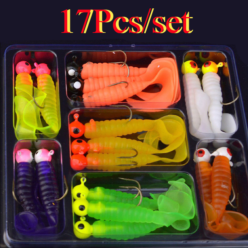 1 Set 17pcsmetal Jig Head Fishing Hooks + Soft Worm Lure Silicone Fish Artificial Bait Tackle