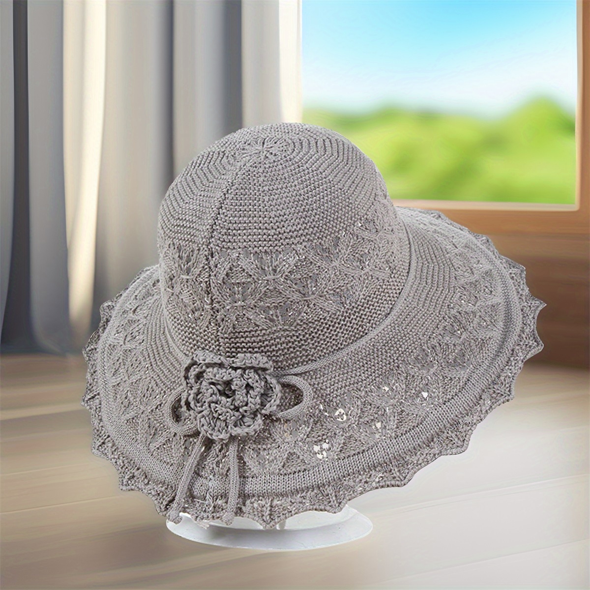 womens summer crochet straw hat bow knot flower wide brim - Temu display picture 2