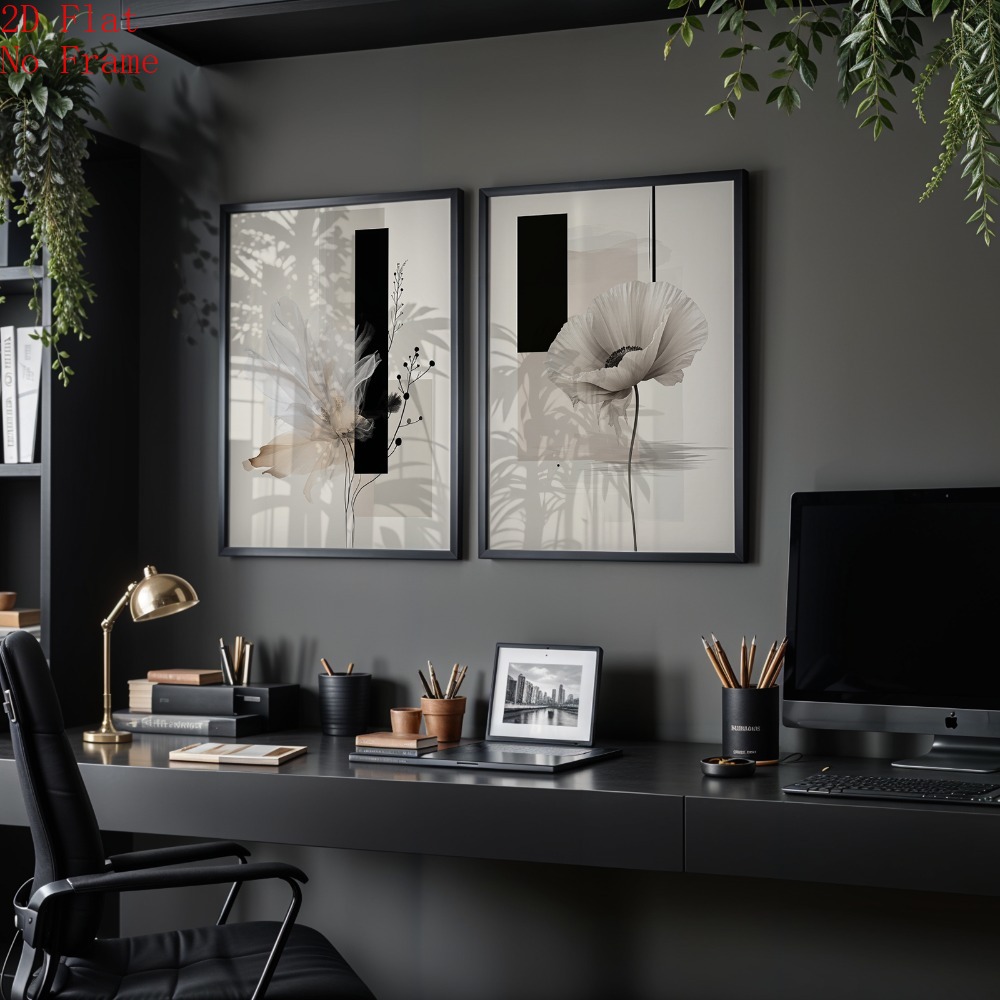 TEMU 2d Flat, 2pcs Modern Minimalist Abstract Floral Canvas Posters - Neutral Beige & Black Frameless Suitable For Bedroom And Living Room Decor,