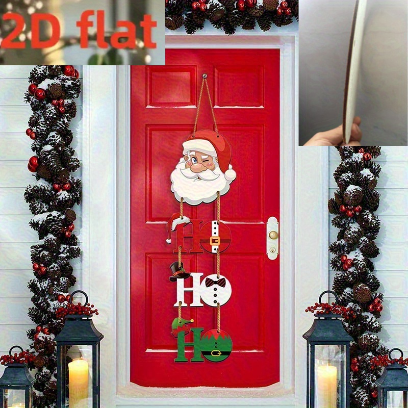 TEMU 2d Flat, Festive Santa Claus " Ho" Wooden Sign - Battery-free Christmas Door Decor With Pinecones And Holly, Ideal For Porch And Holiday Party