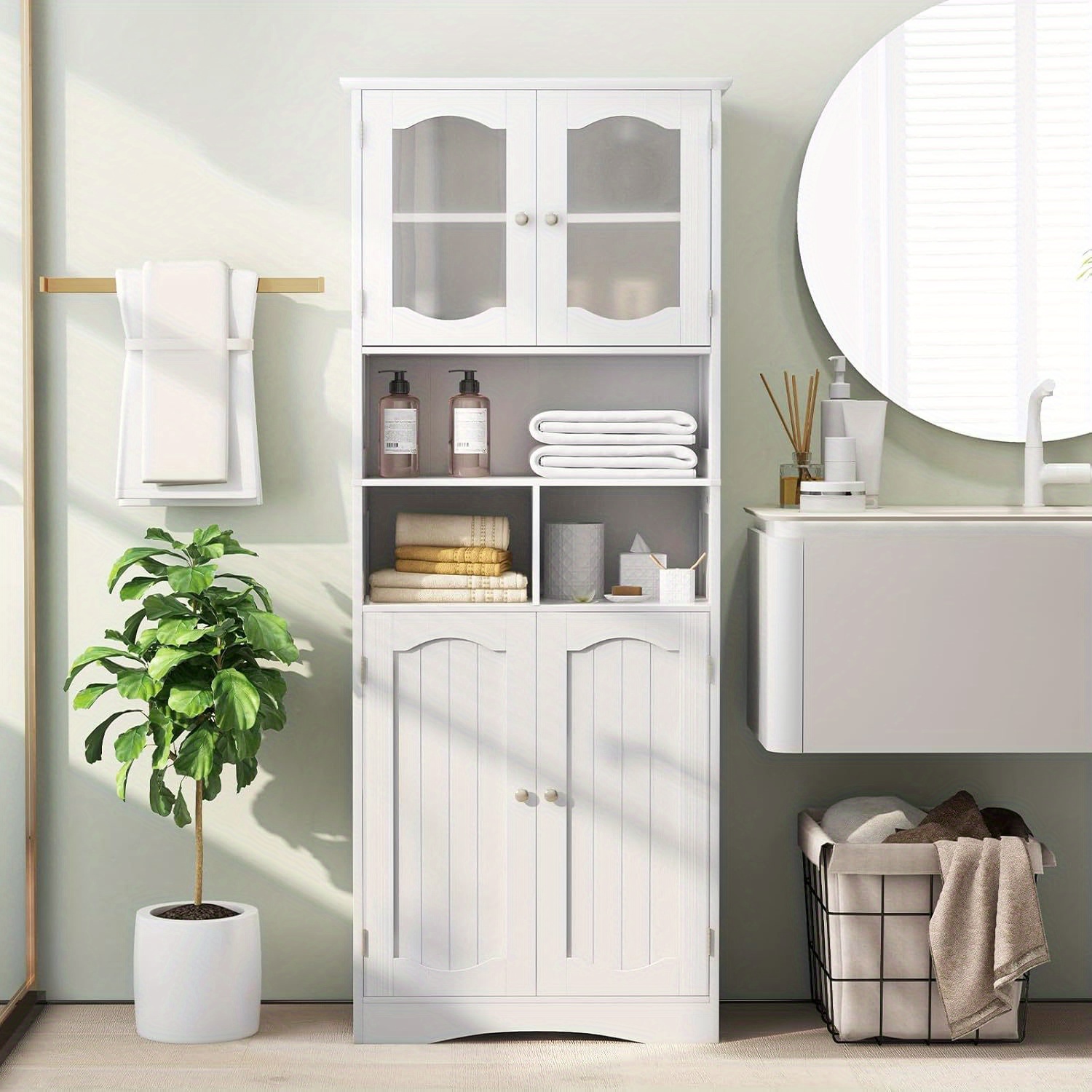 Tall Storage Cabinet, Bathroom Storage Unit With Tempered Glass Doors, Adjustable Shelves, 2/3 Open Compartments, For Bathroom, Kitchen (60 X 30 X 148.5 Cm)