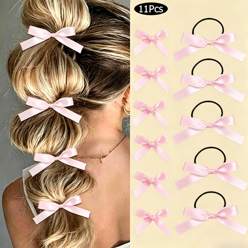 Image of 11pcs Women Hair Additions Multicolor Bows Ponytail Holders- Fabric Bow Hair Ties Ponytail And Braiding Additions For Braids, Parties And Daily Hairstyles