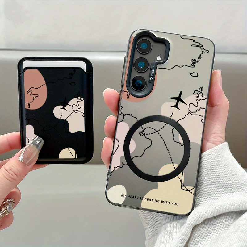 TEMU Phone Case: 2pcs Set New Creative Airplane Route Map Pattern Magnetic Phone Case & Fashionable Luxury Artificial Leather Magnetic Property