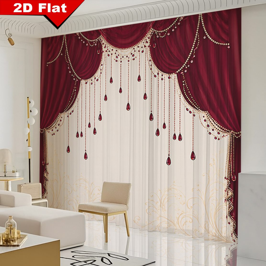 TEMU 2d Flat, 2d Flat Printing Curtain Fabric, 2pcs Set, Luxurious Gemstone Embroidery Pattern Printed Curtains, Burgundy Gemstone Beaded Decoration