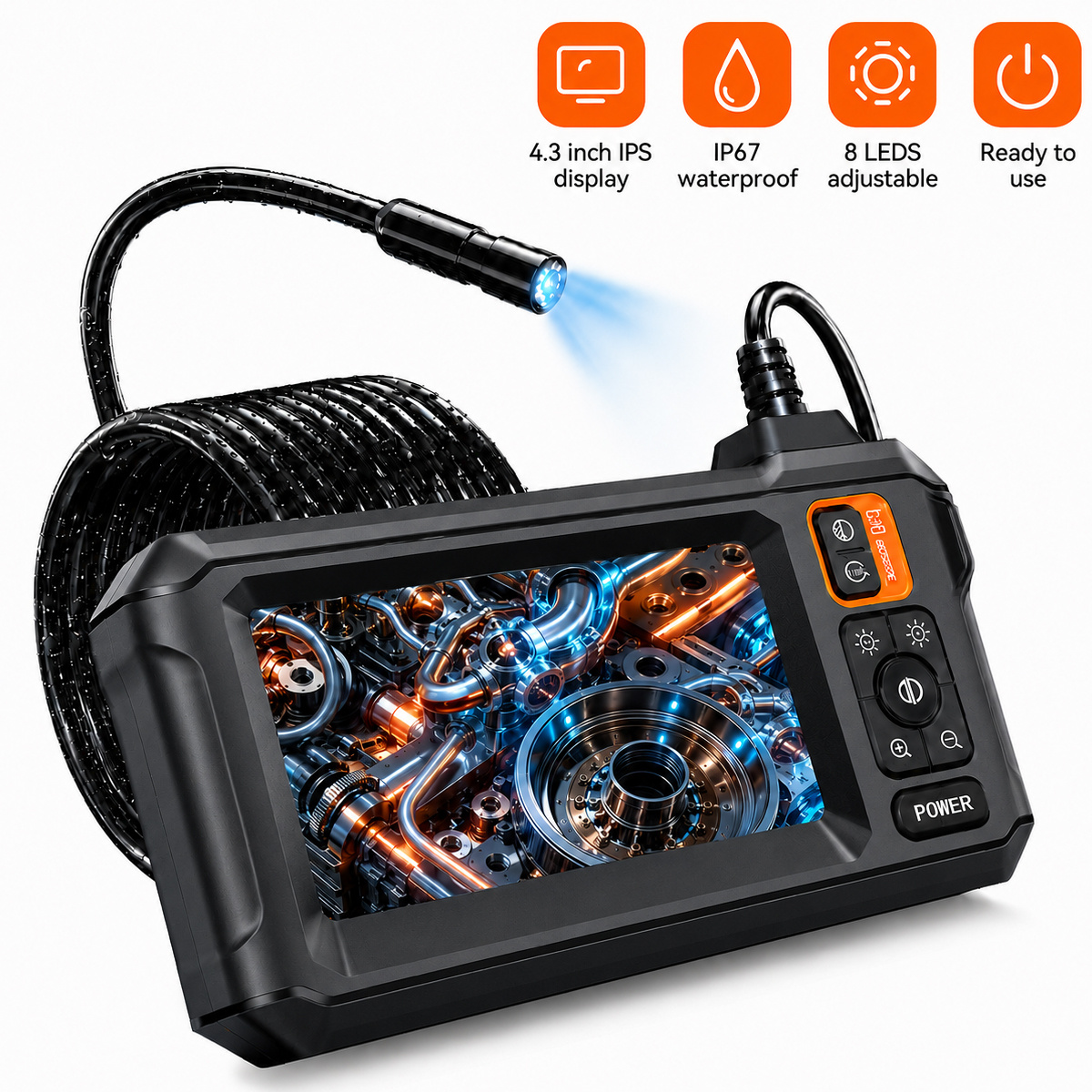 TEMU Endoscope industriel, caméra endoscope numérique HD 8 mm, borescope d'inspection de tuyaux avec écran IPS 4,3'', objectif unique 5 m, caméra