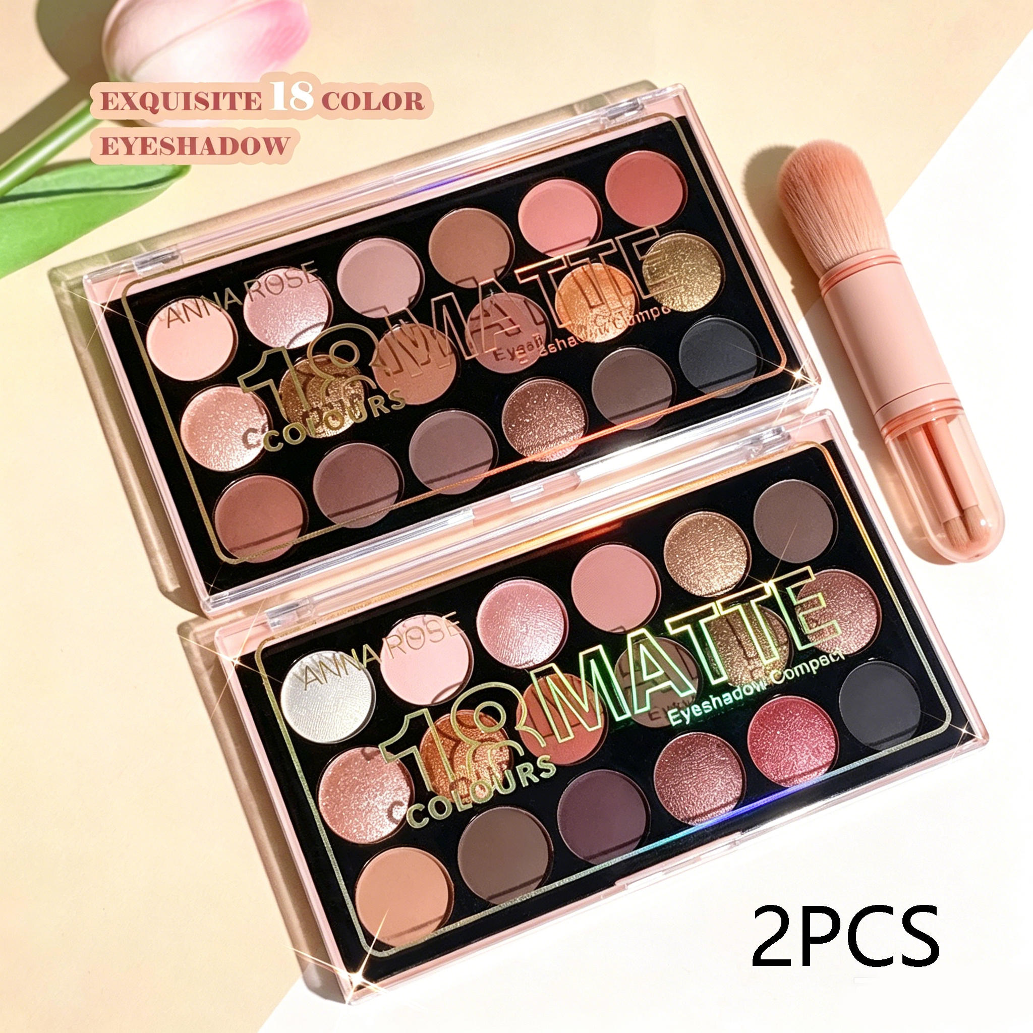 Image of 2 Pack 18 Shades Eyeshadow Palette With Pink Makeup Brush, Matte& Shimmer Textures, Waterproof Sweat Resistant, Long-lasting , Perfect Valentine's Day Gift