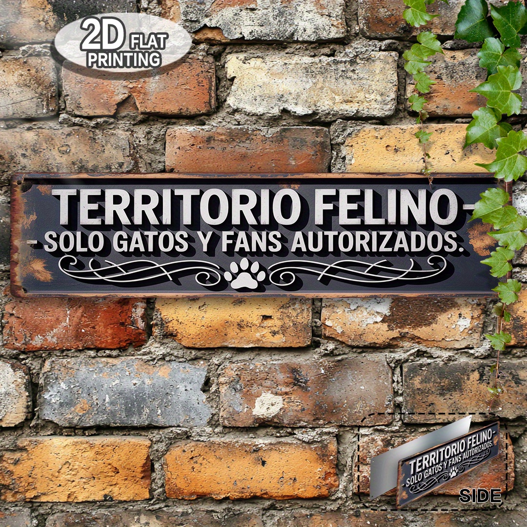 TEMU 2D, 2D 2D, 1pz Letrero Metálico Retro de de Gato - Decoración de Pared de Aluminio con Humorística en Español "TERRITIO FELINO", 39.88x9.91cm,