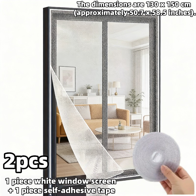 E-shop 2er-Set selbstklebende, große Fliegengitter-Fenster, einfache Installation ohne Bohren, mit Eckmontageband, 130x150 cm (ca. 50,7x58,5 Zoll),