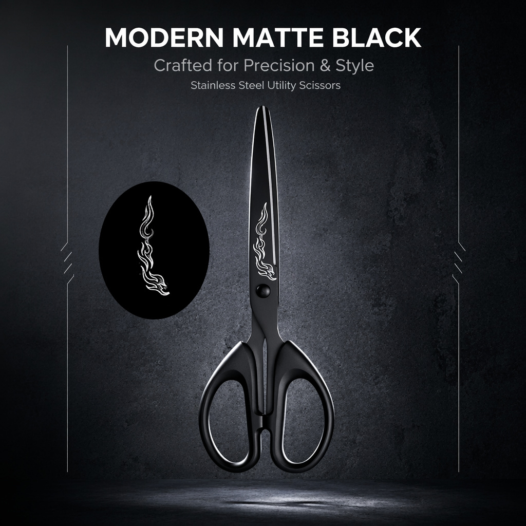 TEMU Laser Printed Pattern Hand Trimming Scissors, All-black Rust-proof Stainless Steel Ergonomic Large Ring Handle Portable Scissors, Suitable For