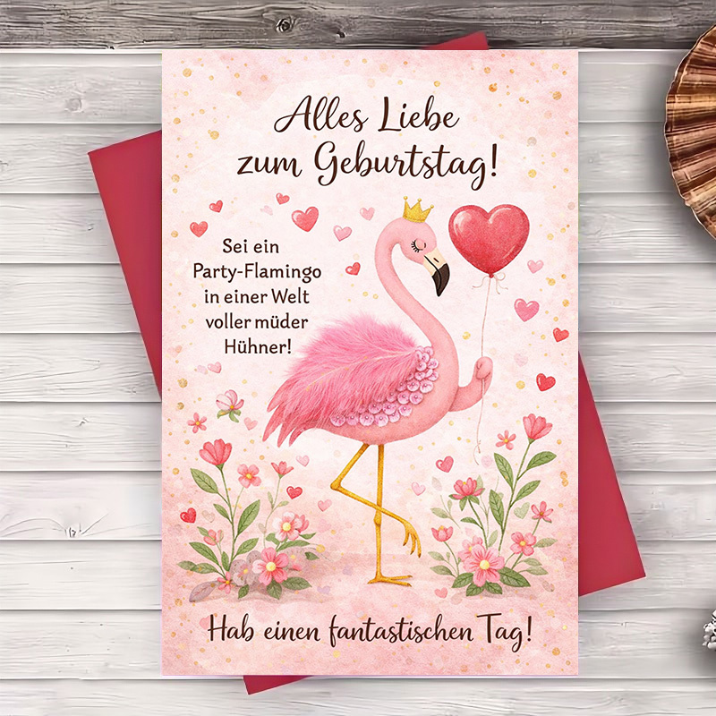 E-shop 2 Stück (ein Umschlag eine Grußkarte) Geburtstagsgrußkarte mit süßem Flamingo Herzballon – für Freunde, Familie, Feiern Partys – Wünsche Freude