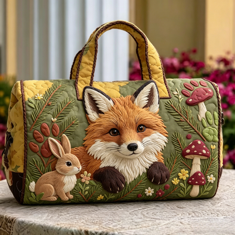 Image of Woodland Fox Bunny Quilted Duffle Bag - Large Capacity Cylinder Tote With Zipper, 3d Forest Animal Embroidery, Rustic Farmhouse Weekender Bag For Hiking Picnic, Cute Nature Lover Gift