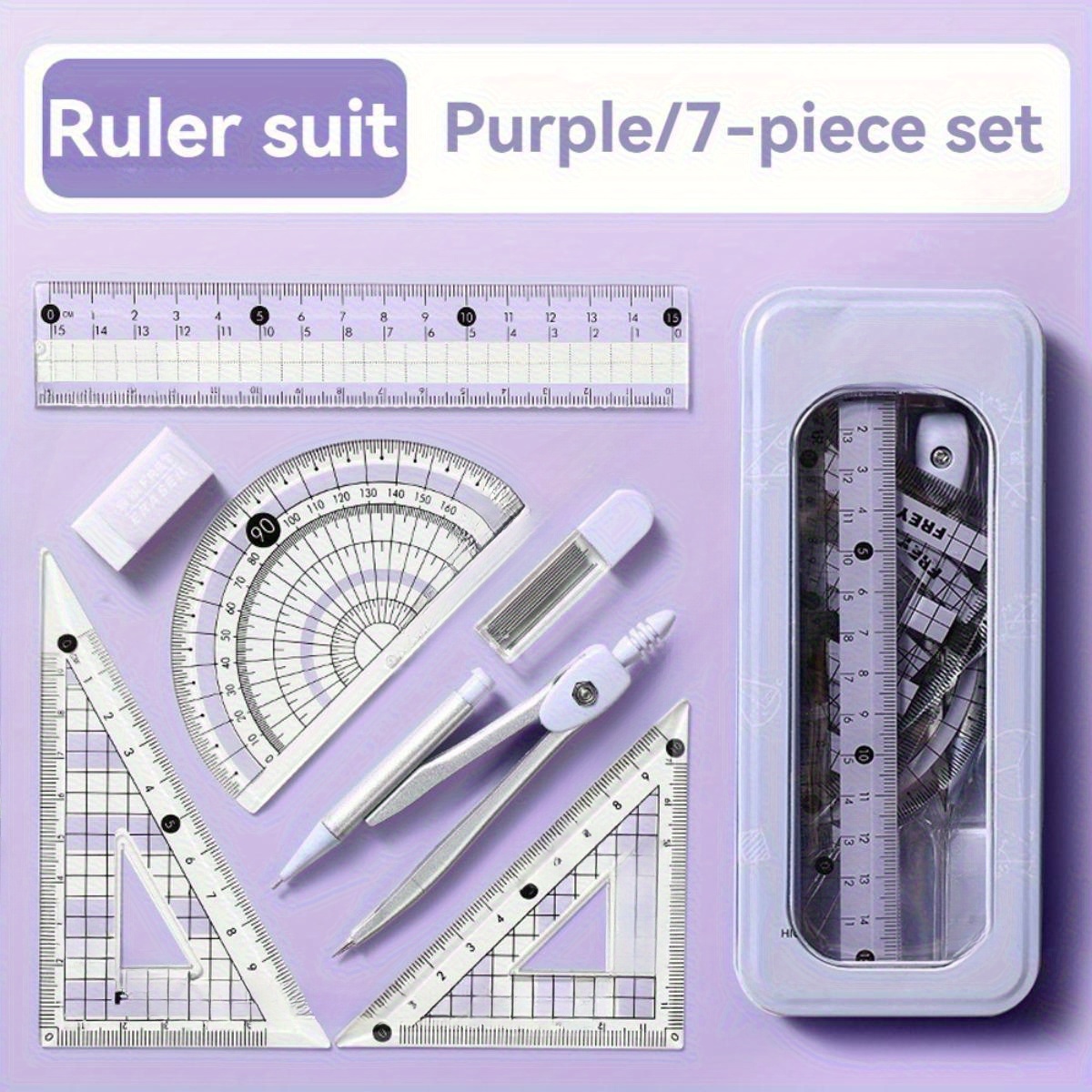 TEMU 7pcs Set Geometry Compasses Triangle Ruler Ruler Protractor Exam Drawing Math Learning Tools Set For Students Engineering Drawing Stationery