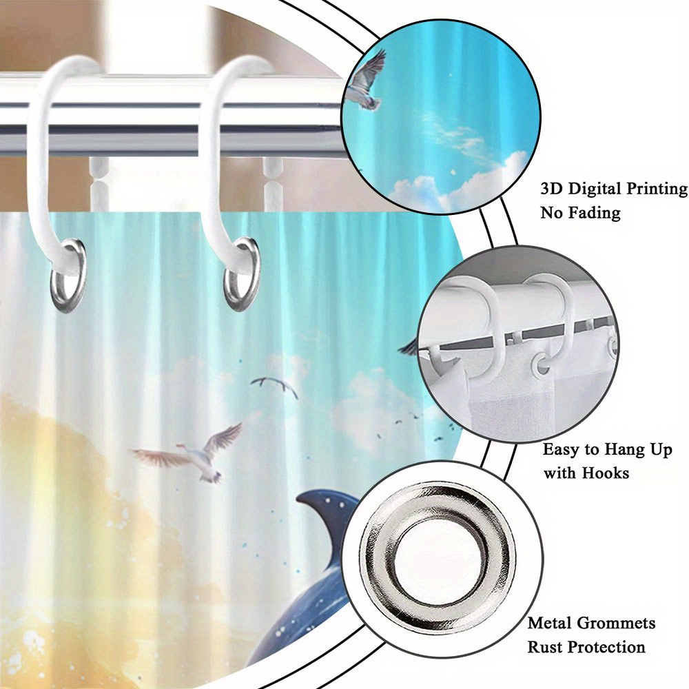 Dolphin Landscape Shower Curtain with Hooks, Animal Theme Decor