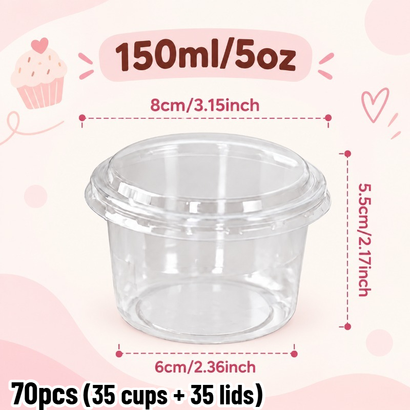 TEMU Lot de 70 pièces (35 gobelets + 35 couvercles) Gobelets à gâteau transparents de 5 oz avec couvercles, Gobelets à dessert de fête, Utilisés pour