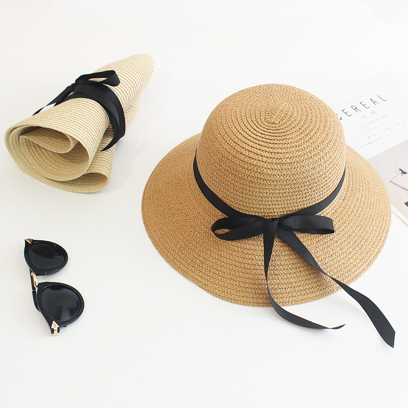 TEMU 1pc A Black Ribbon Bow Straw Sun Hat, Featuring A Wide Brim And A Foldable Japanese-style