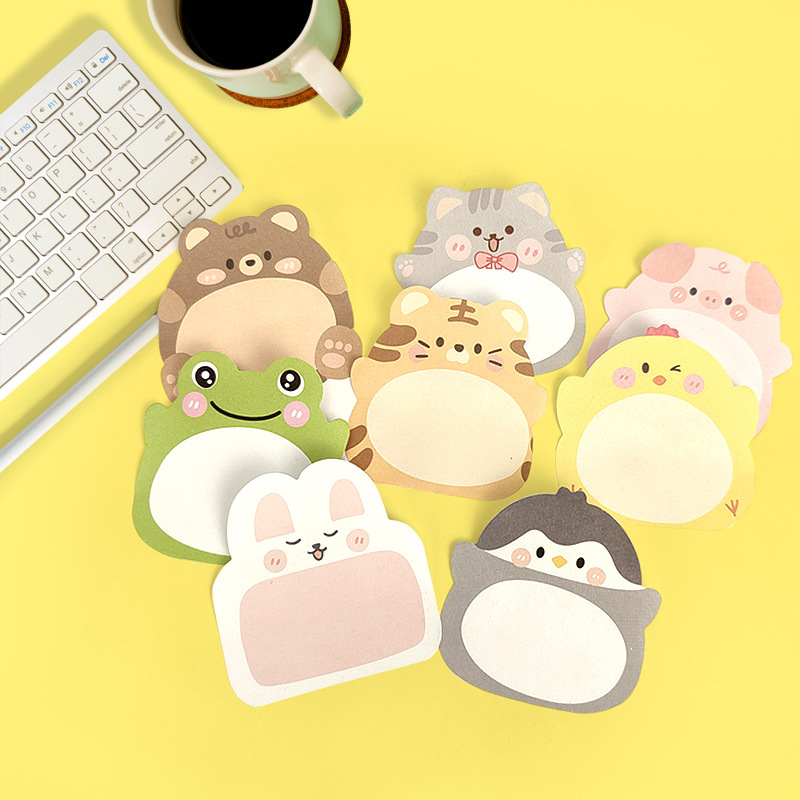 Um conjunto de 8 blocos de 160 folhas de notas adesivas com desenhos animados coreanos de animais fofos, com um design criativo de animais em pé para mensagens e recordações, perfeito como presente ou recompensa para professores no escritório.