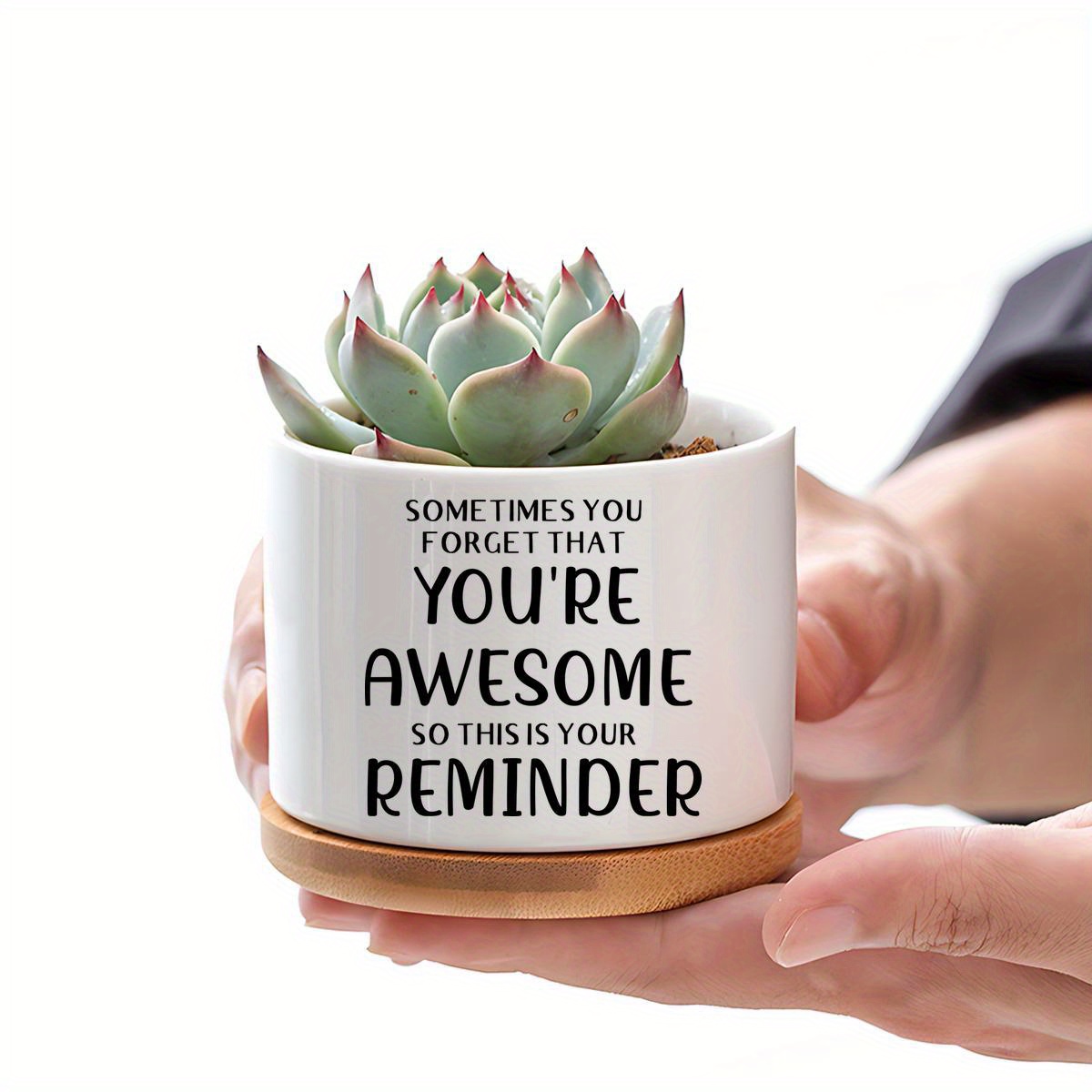 TEMU 1 - Piece Ceramic Flower Pot With Bamboo Tray, Succulent Plant Pot, Motivational - Quote - Patterned Small Plant Container, Flower Pot Gift For