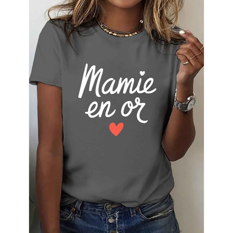 

T-shirt décontracté en polyester pour femme avec de cœur "MAMIE in or", manches courtes, col rond, motif géométrique, tissu tricoté toutes , 95% polyester 5% spandex, 180g/m² - Longueur régulière