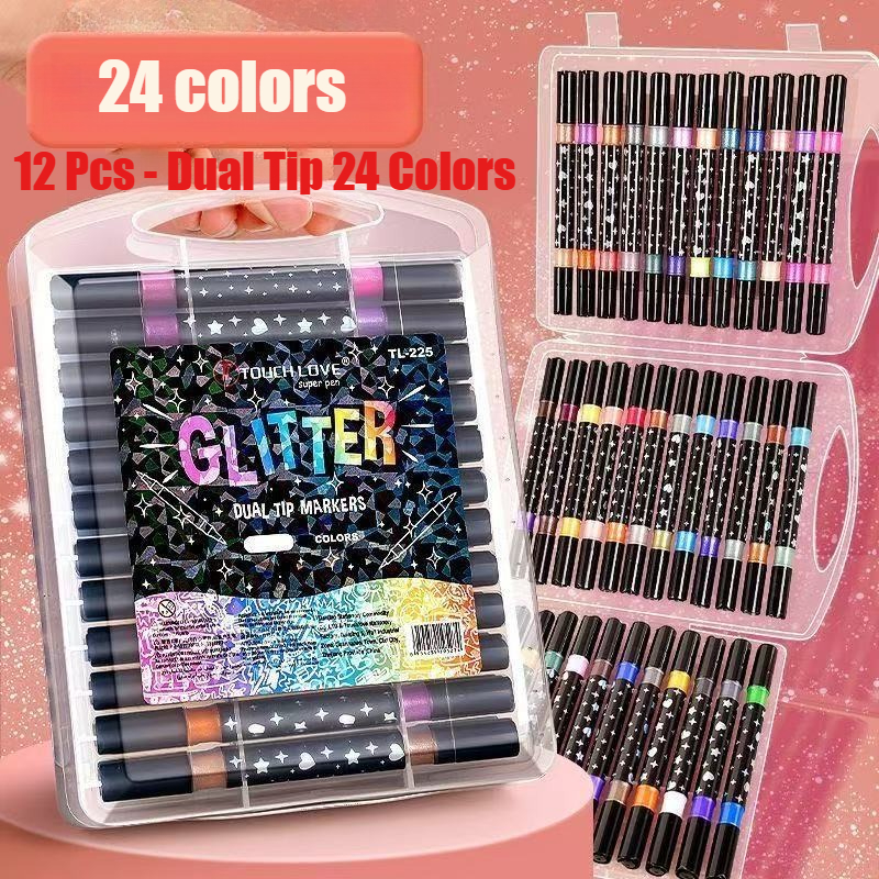 24   double ended glitter pen set glitter marker quick drying   like ink thin tip to   suitable for scrapbooking card making journaling painting glitter marker s