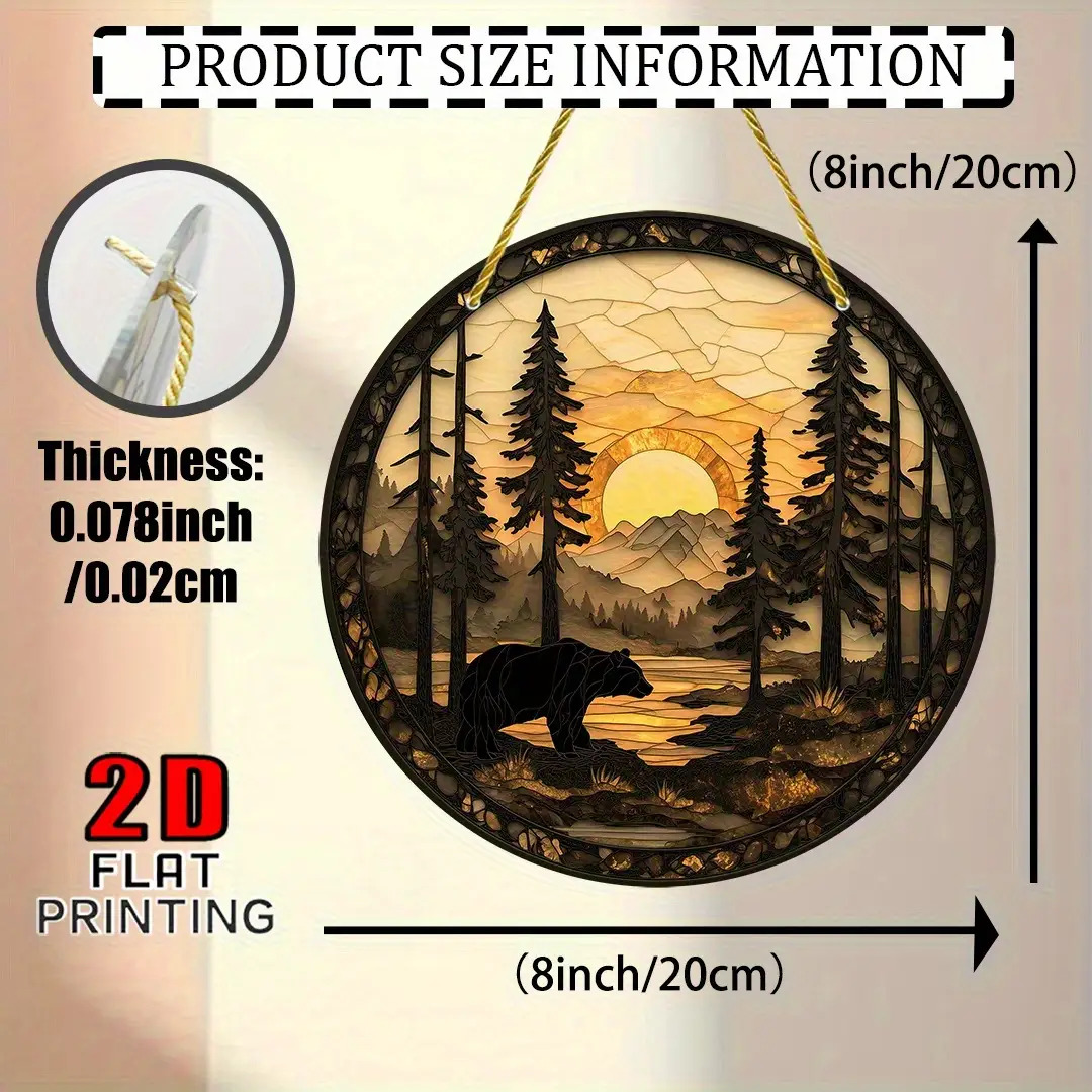 TEMU 2d Flat, 1pc Acrylic Forest Sunset Bear Suncatcher - 8"x8" Round Outdoor Garden Decor, Nature-inspired Wildlife Art Of A Black Bear And Pine