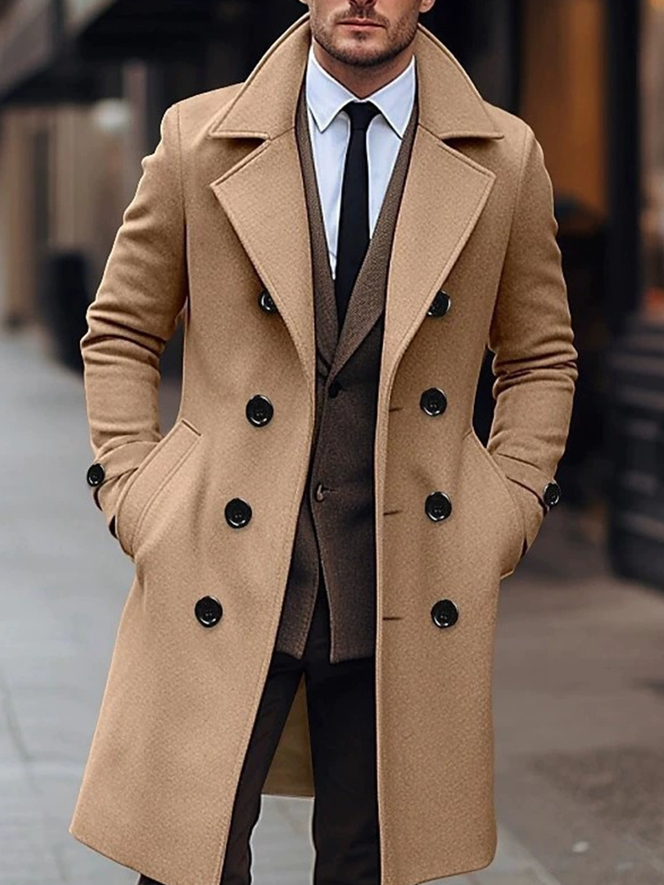 mens khaki double breasted fleece blend coat british style wide lapel knee length fleece coat autumn and winter thick warm and   fit business windbreaker suitable for high end formal outerwear for workplace meetings and dinners