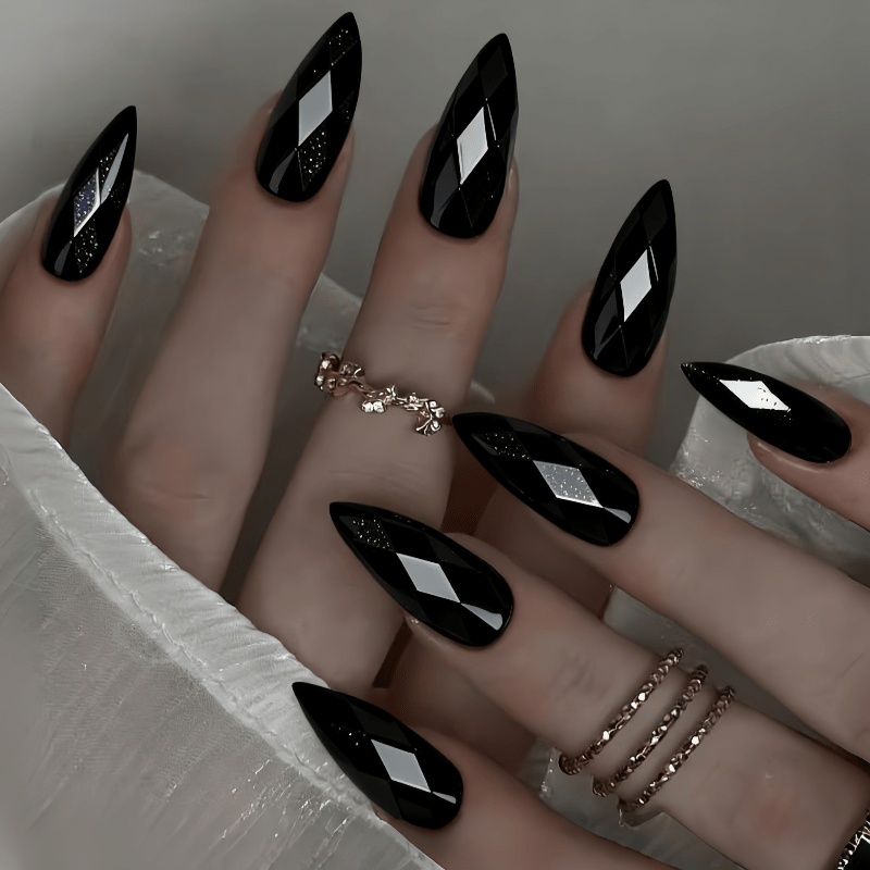 TEMU 48pcs Black Stiletto Press On Nails, Base With 3d & Glitter Accent Fake Nails, Edgy Gothic Nail Extensions For Women Party Wear